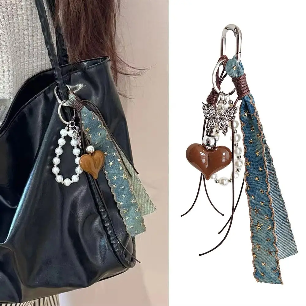 Y2K Style Pearl Bag Pendant Anti-lost Cowboy Ribbon Keyring DIY Love Heart Pendant Fashion Accessories
