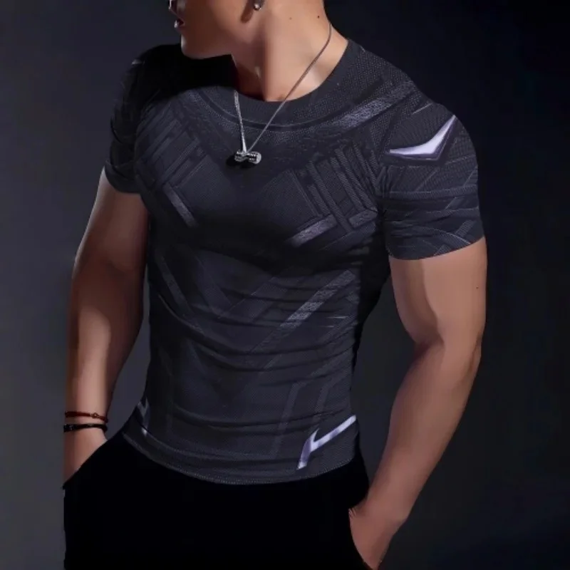 Men's Compression Shirt Dark Gray 3D Armor Print Quick Dry Elastic Short Sleeve Gym Training Muscle Exercise Running Athletics T