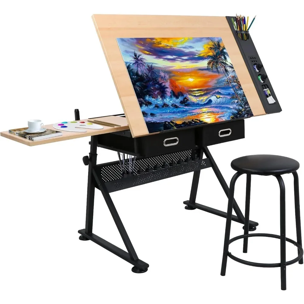 Drafting Table Art Desk Drawing Table Height Adjustable Artist Table Tilted Tabletop w/Drafting Stool and Storage Drawer for Re