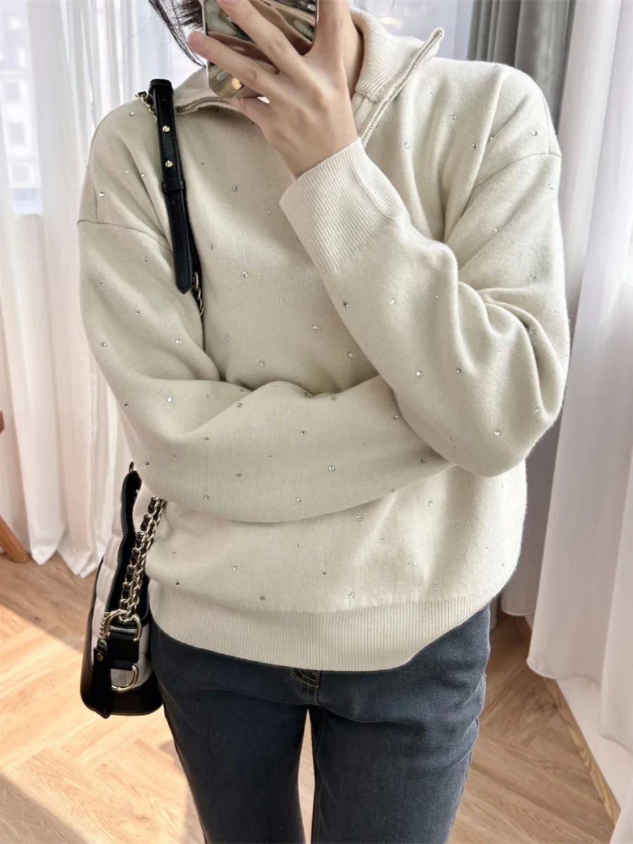 

"Shining Heavy Industry Hot Diamond" 2-color S French semi-zipper turtleneck pullover simple commuter sweater top woman