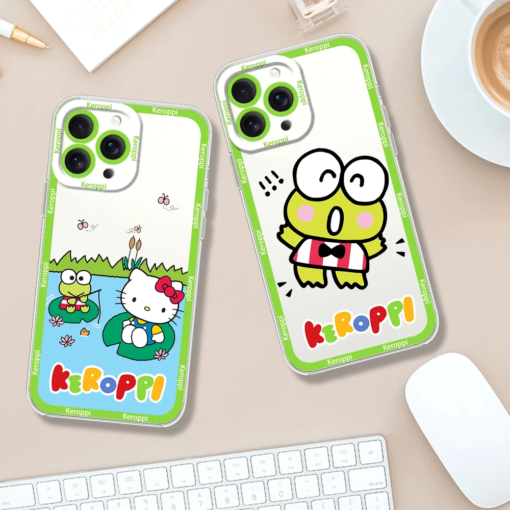 MINISO Cute K-Keroppi Phone Case for iPhone 12 11 13 14 15 16 Max Pro Plus Transparent Bezel Shell