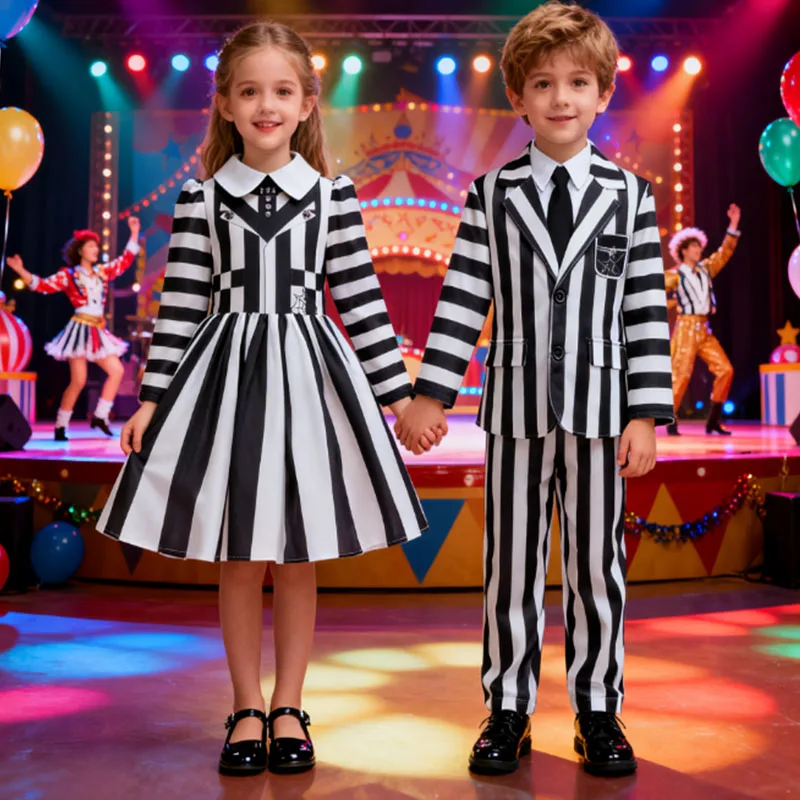 Boys Girls Horror Movie Lydia Costume Black And White Striped Costume For Master Children Carnival Party Cosplay Fancy Outfit
