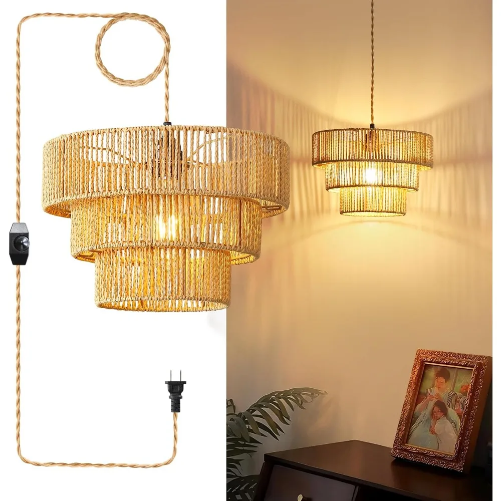 

Boho Plug in Rattan Pendant Light 3-Layer Woven Lampshade with 15Ft Cord Dimmable Switch for Bedroom Kitchen Living Room Hallway