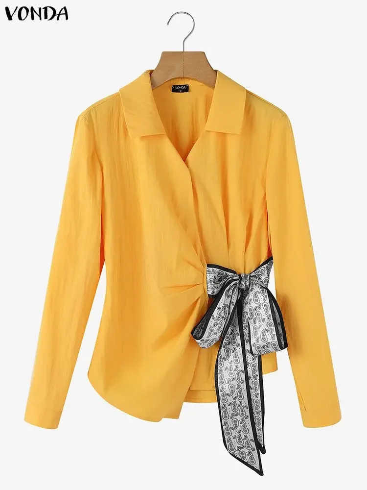 Vonda elegante senhora do escritório camisas blusa feminina outono manga longa com decote em v casual streetwear moda bandagem topos feminino
