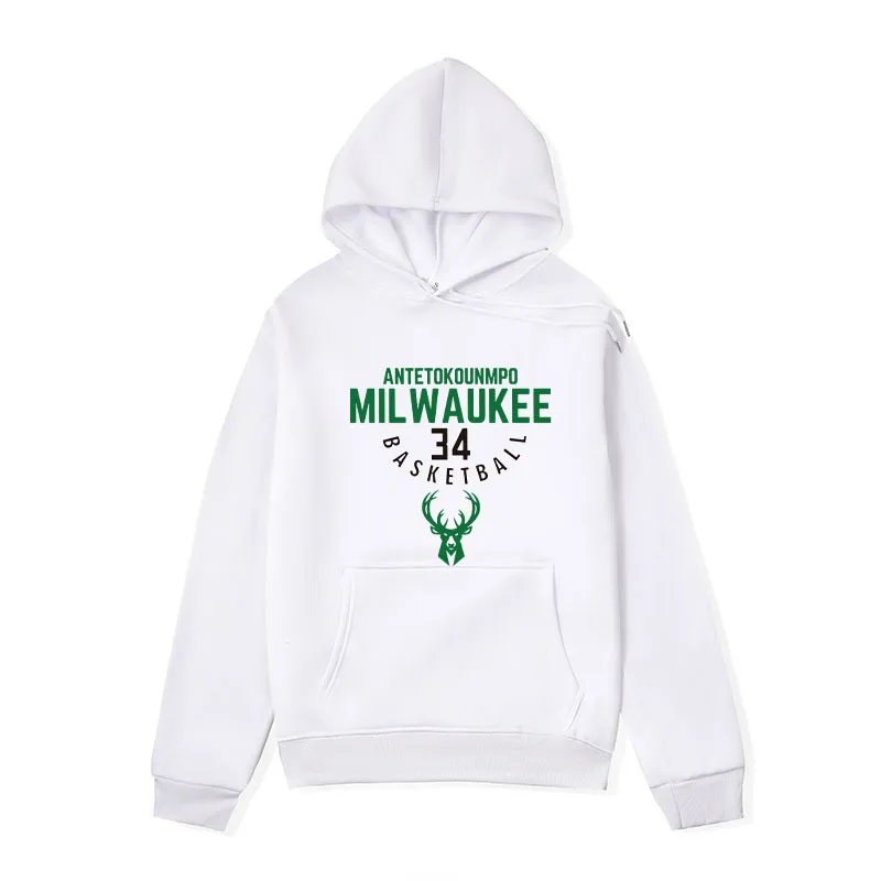 Bucks Basketball Sweater Autumn and Winter Fleece Hoodie Loose Hoodies Couple Sweater Men and Women The Same Style