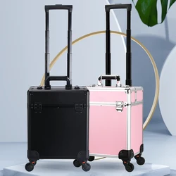 Rolling Makeup Train Case Large Capacity Cosmetic Trolley, Aluminum Professional Salon Travel Case with Key Swivel Wheels Travel