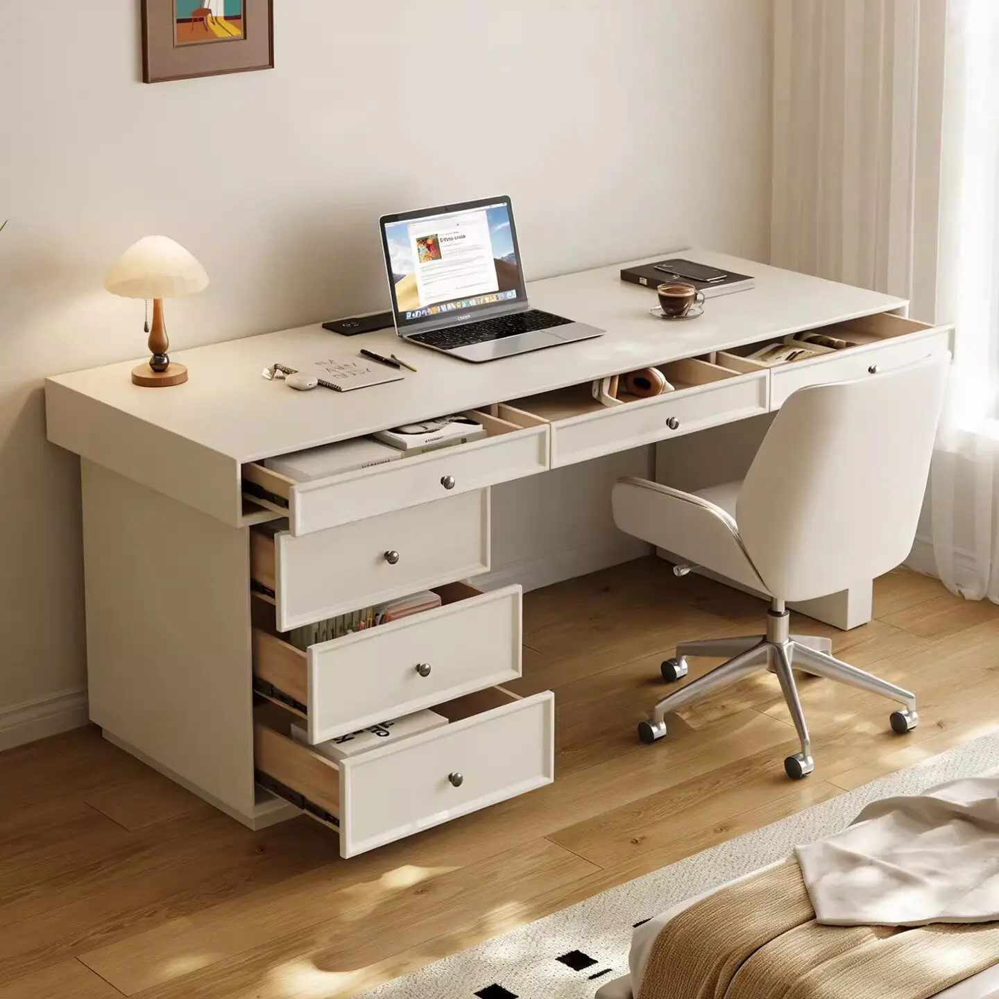 2026 Cream-style Modern Minimalist Solid Wood Study Desk Rounded Corners Storage Drawers Socket Function Office Home Bedroom Com