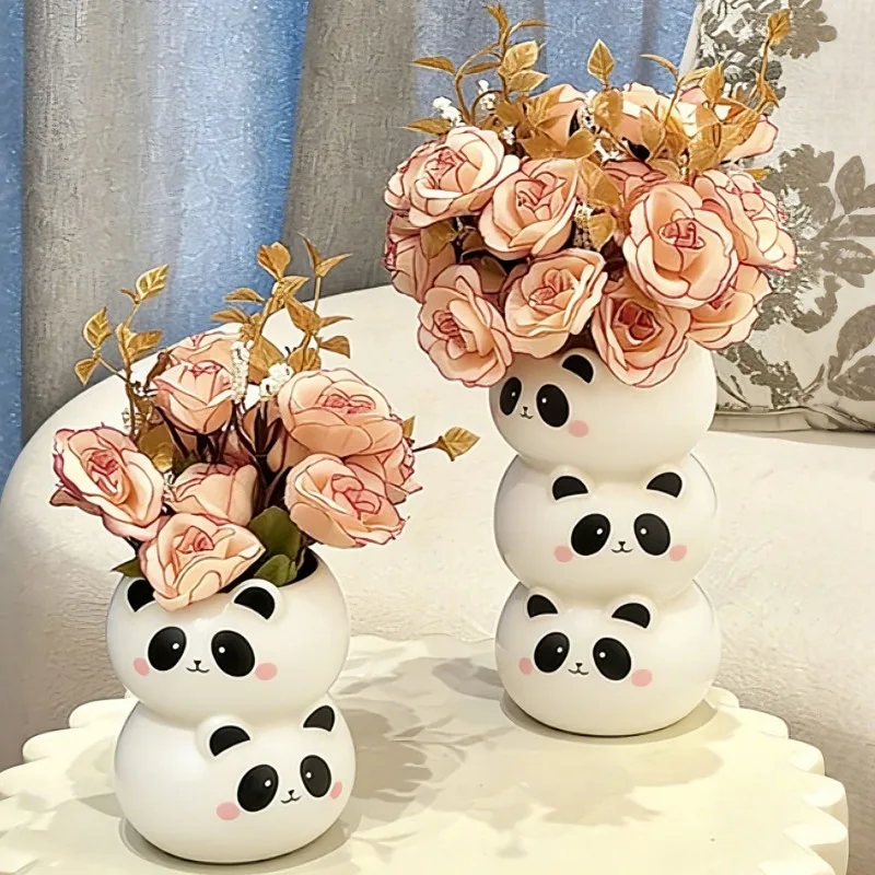 Panda vase ornament, living room light luxury high-end ceramic decoration flower ware pottery pot design sense