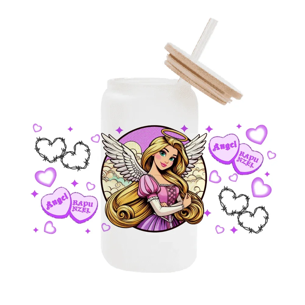 Disney-Princess Tangled UV Dtf Manquetas para tazas, Adesivos Descartáveis Resistentes à Abrasão, 16oz