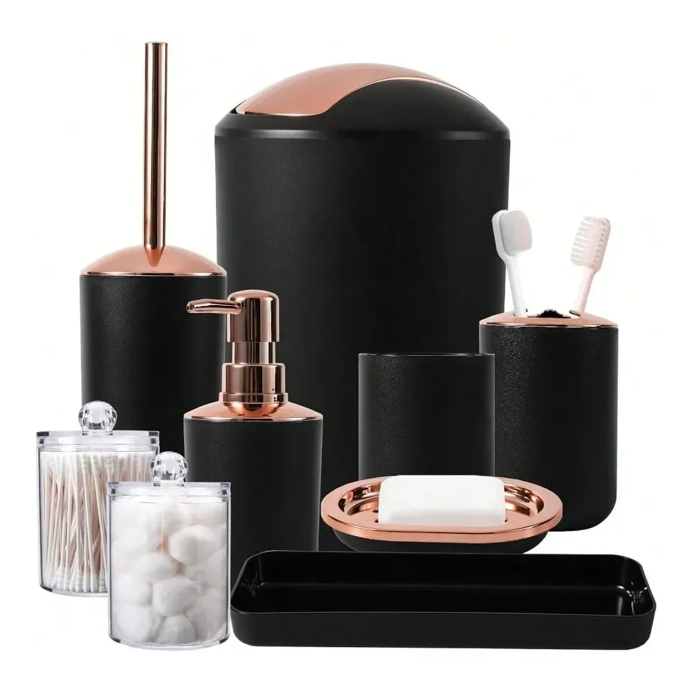 

Набор аксессуаров для ванной комнаты из 9 предметов: мусорное ведро, дозатор для мыла, ершик для унитаза, держатель для зубных щеток, стакан, поднос, держатель для ватных палочек и т.д.