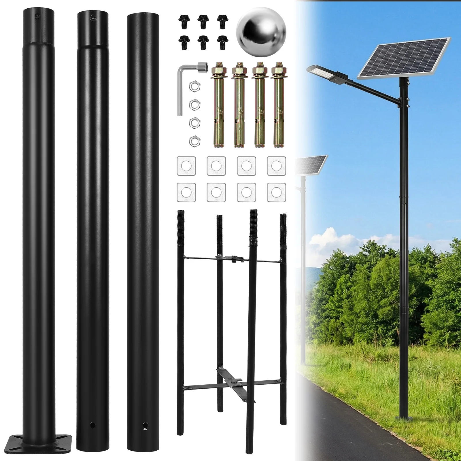 

10Ft Tall Metal Split Road Poles with Rebar Cage Base 3-Meter Straight Road Pole Weather-Resistant for Street/Parking Lots/Park