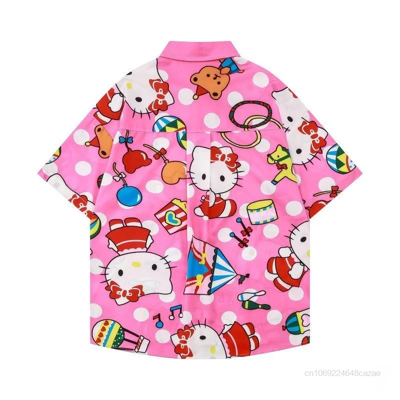 Sanrio Hello Kitty Cute Button Up Shirt Short Sleeved Summer Casual Beach Style Blouse Women Men Fashion Tops Y2k Kawaii Clothes