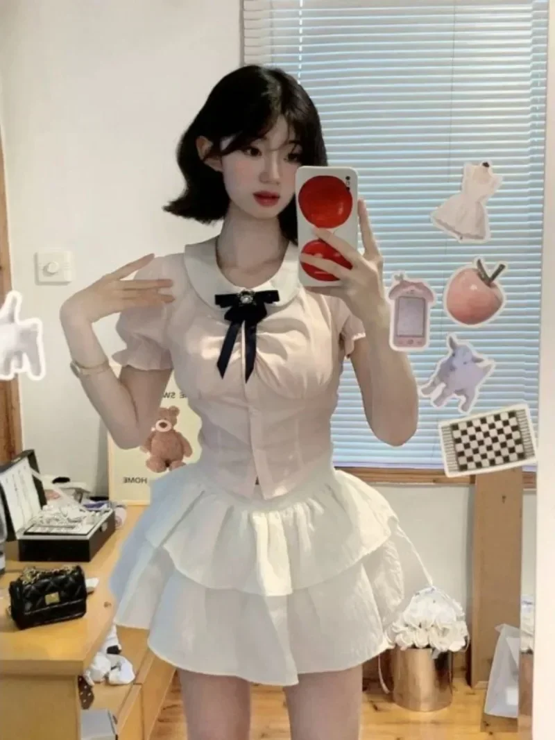 Sweet Kawaii Peter Pan Collar Slim Fit Puff Sleeve Pink Shirts Women+ Y2k High Waist White Skirts Summer New Two Piece Sets