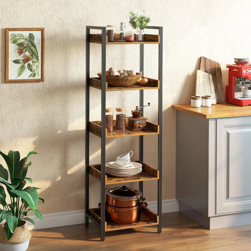 custom.Wooden 5 Tier Bookshelf with 4 Hooks,Industrial Wood Bookcase Vintage Storage Rack with Open Shelves,Wood Displ