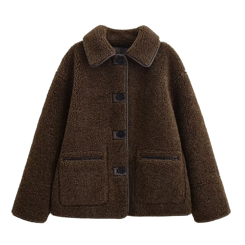 سترة نسائية 2025 خريف/شتاء جديد بني عميق كم طويل فو شيرلينغ عكسها معطف دافئ عصري وأنيق