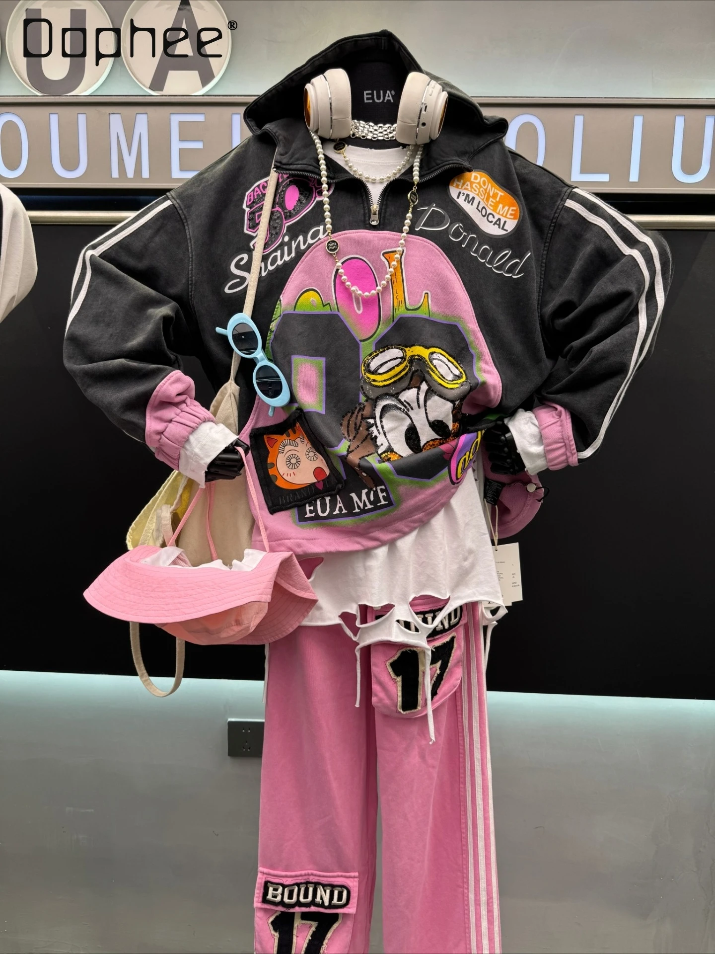 

European Style Hoodie Fashion Patchwork Color Block Zipper Hooded Sweatshirt for Women Spring Autumn Cartoon Duck Loose Hoodie