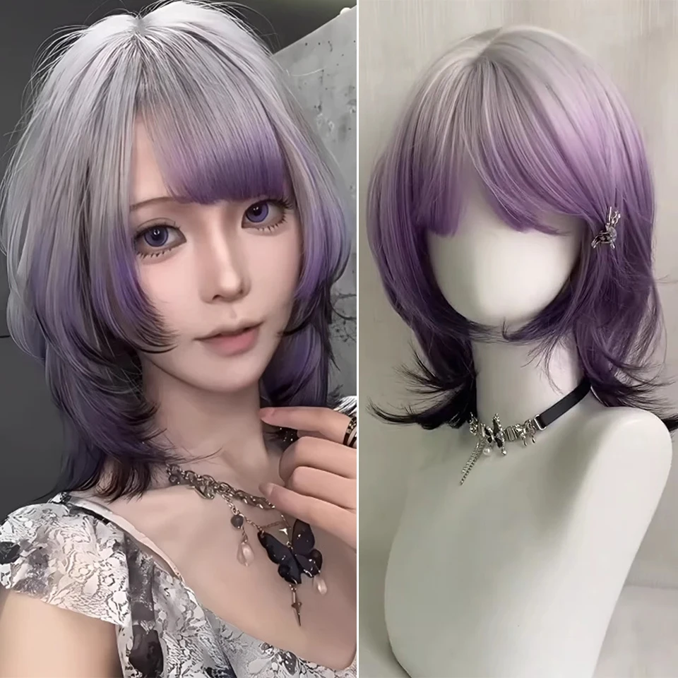 

Women's Layered Hair Wig with Gradient Purple Highlighted Crop Fish Cut Short with Fringe Top Dyed Full Head Cover