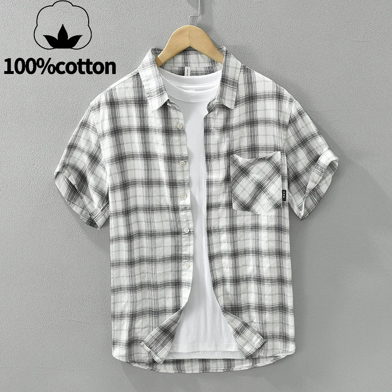 

100% Cotton High-quality Men's Clothing, Business Casual Plaid Short-sleeved Shirt Breathable, Sweat-wicking Daily Commuting Top