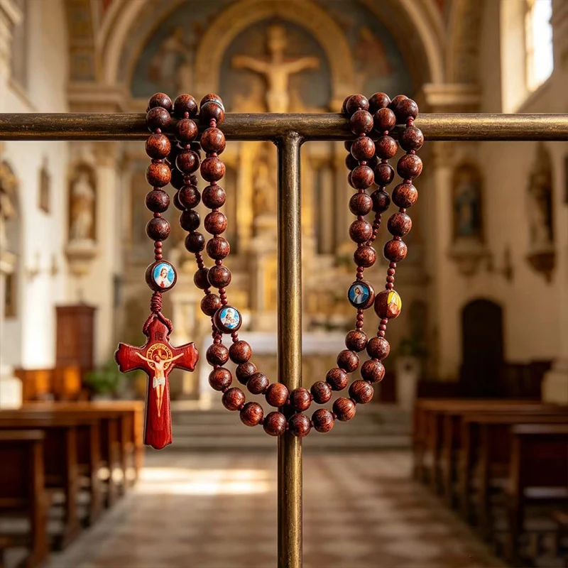 Rosario Católico de Madera Vintage con Icono Sagrado y Crucifijo, Rosario Cristiano para Oración en la Iglesia, Regalo Religioso Devocional