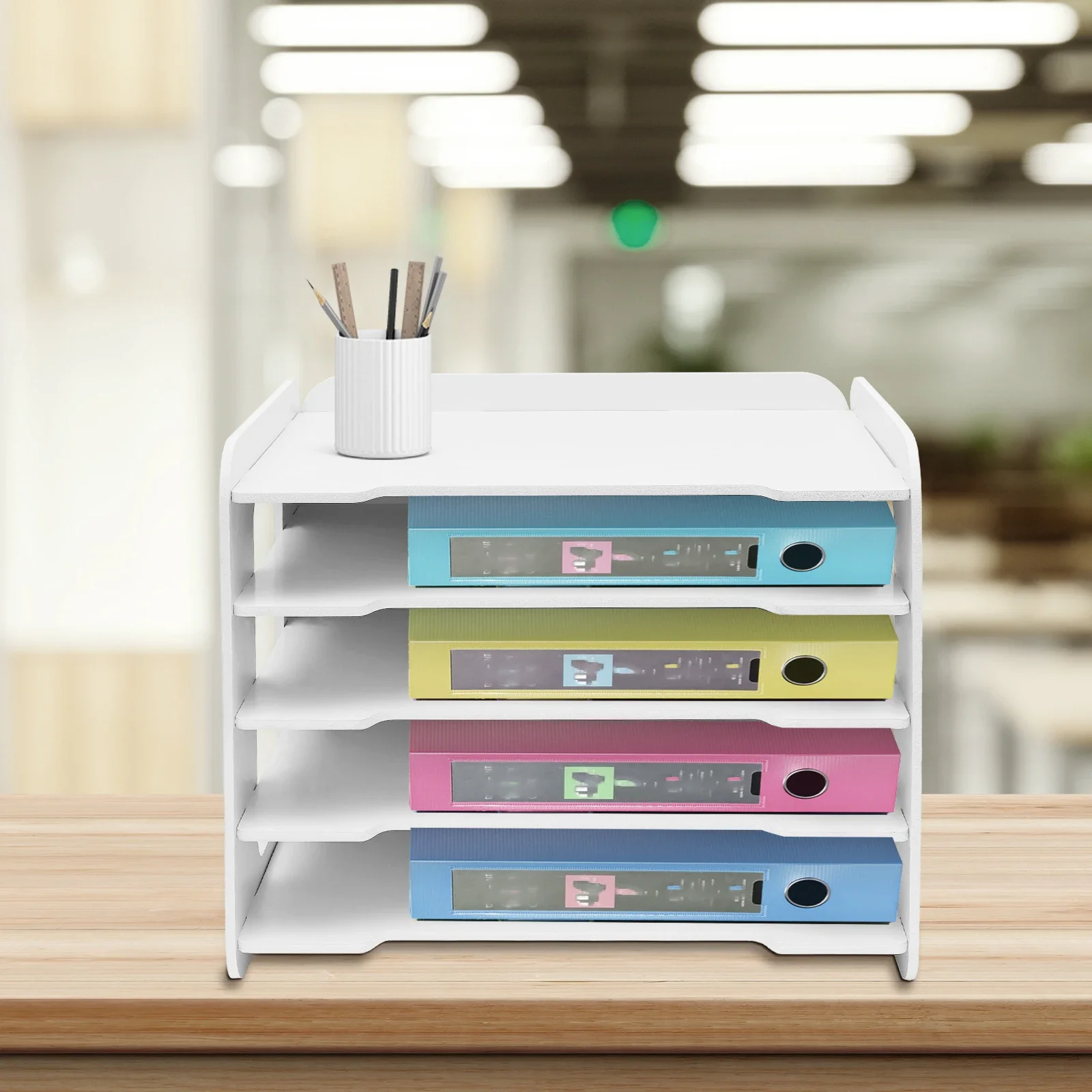 

5-Tier Stackable Document Tray, Multifunctional Letter File Organizer with Top Shelf, Sturdy Desktop Storage Rack for Home & Office