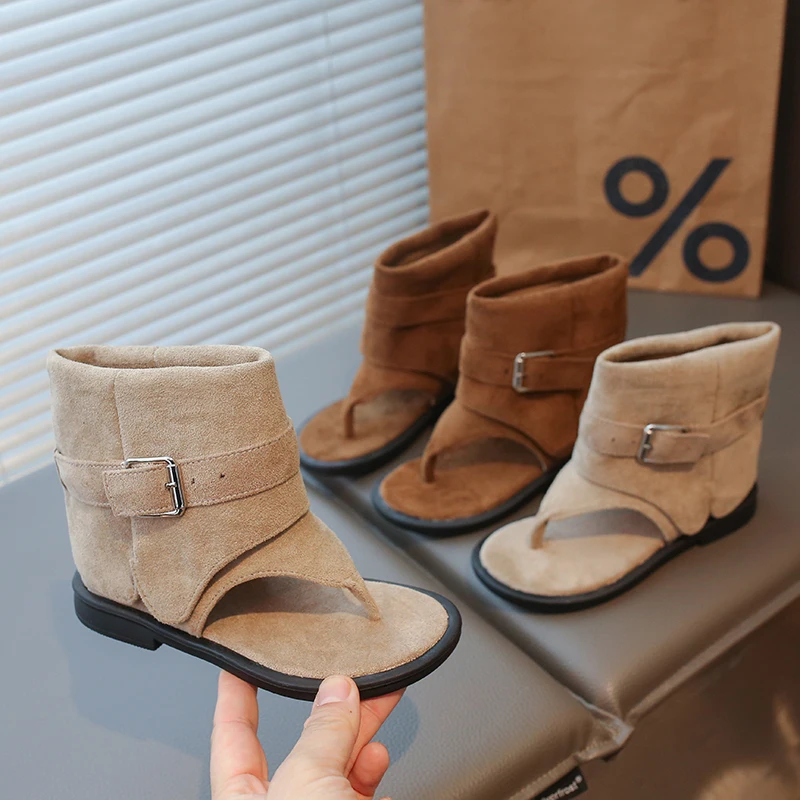 Toddler Girls Gladiator Ankle Boots Sandals with Buckle 2026 New Summer Kids Suede Leather Sandals Soft Sole Ethnic Style Shoes
