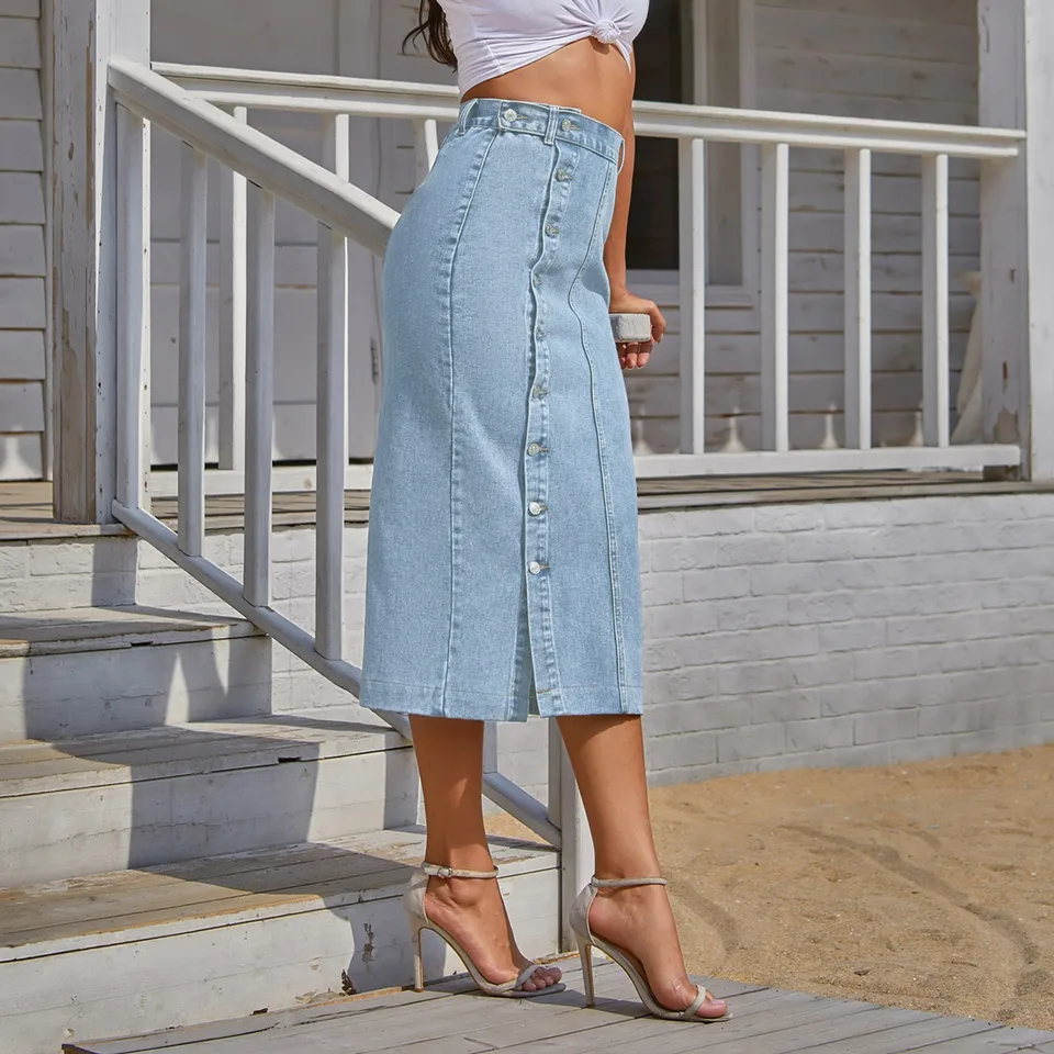 High Waist Irregular Slit Denim Skirt for Women