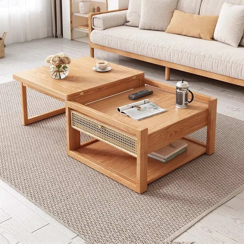Japanese-style Simple Log Style Double-layer Lifting Coffee Table Dining Table Integrated Medium and Small Apartment
