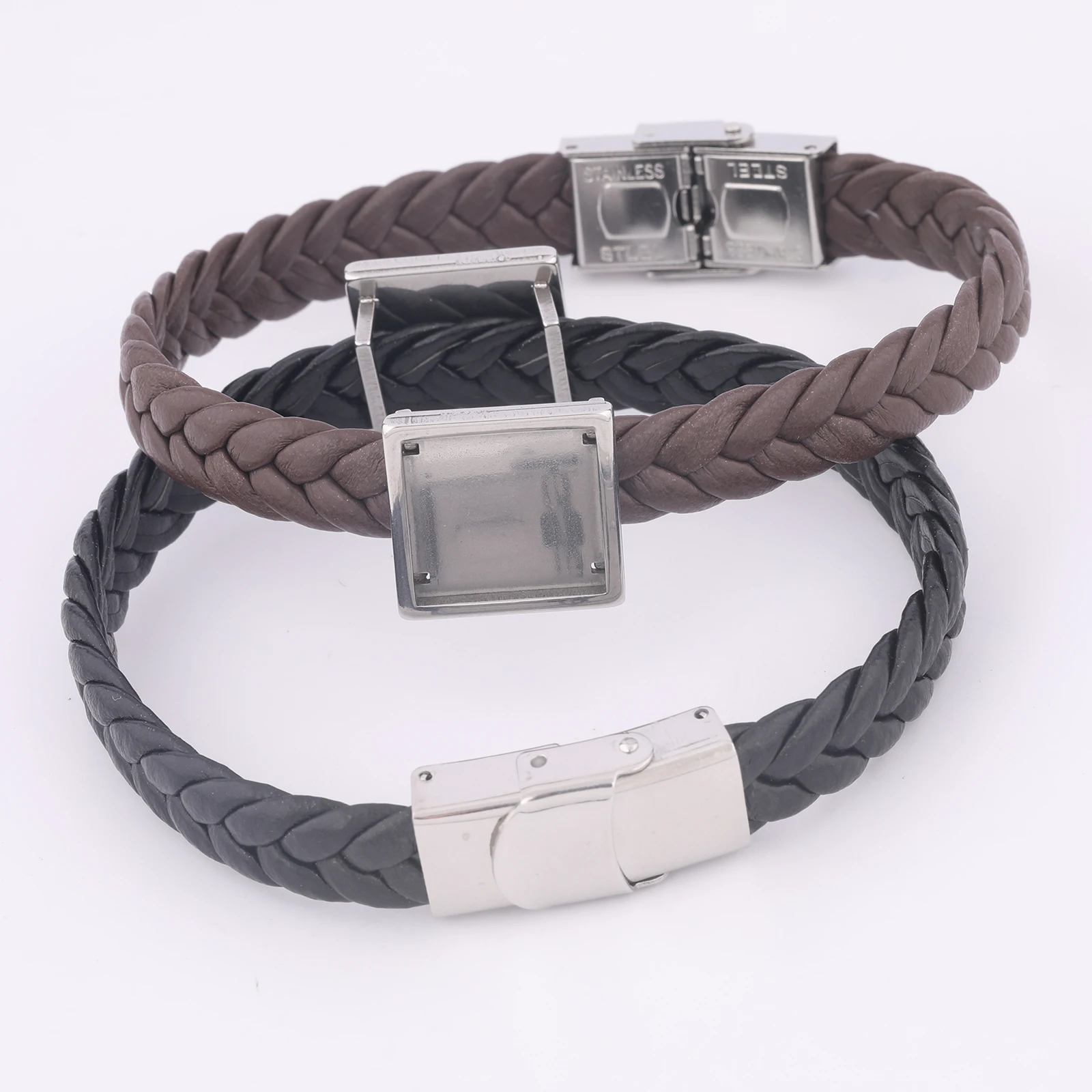 2 قطعة الفولاذ المقاوم للصدأ صالح 15 مللي متر مربع المنزلق كابوشون سوار قاعدة الفراغات Diy بها بنفسك الأسود براون الجلود الحبل أساور إعدادات الحافة