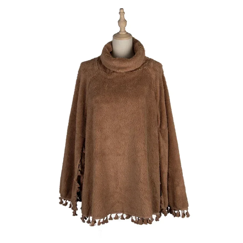 女性用タートルネックセーター,タッセル付き裾,長袖セーター,茶色,ぬいぐるみ,カジュアル,スリム,単色,冬,ファッショナブル,2024