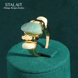 Vintage Gold Color Opals Green Natural Stone Ring Irregular Shape Jewelry for Woman Mom Gift Luxury Accessories New in 2024