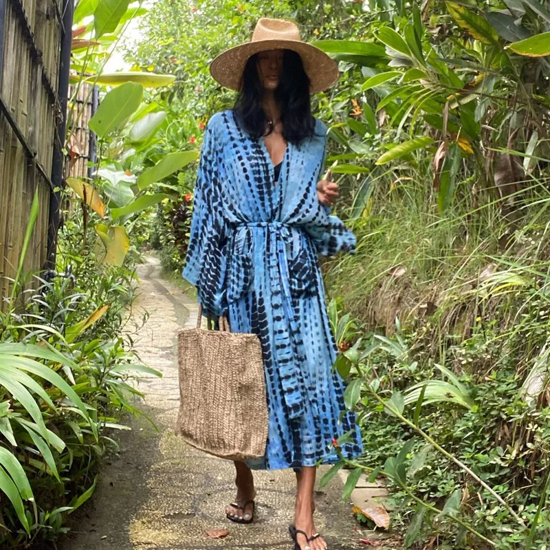 Tie Dye Cotton Beach Kimono Swimwear Bohemian Oversized Bikini Cover Up Batwing Sleeve Long Cardigan Women Clothing