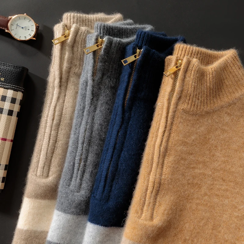 100% goat cashmere sweater men's semi-high neck zipper thick color matching casual cashmere knitted bottoming shirt
