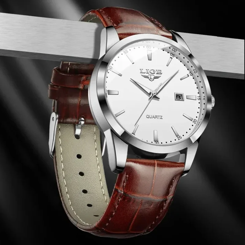 LIGE Fashion Brown Genuine Leather Watch for Men Military Sports Men's Quartz Wristwatches Waterproof Luminous Date Chronograph