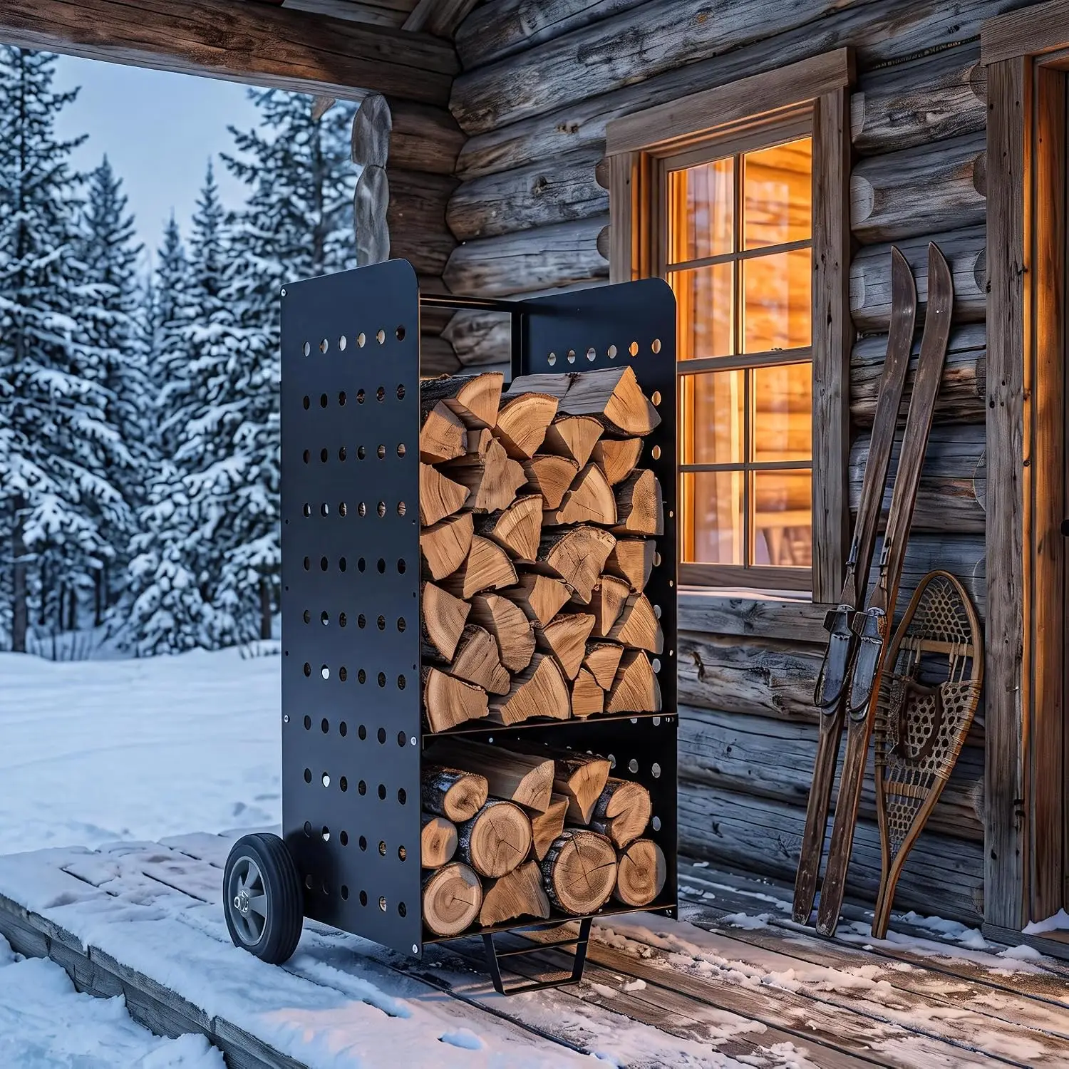 500LB Firewood Rack With Wheels, Log Cart Carrier, Heavy Duty Wood Storage Stand With Adjustable Shelf, For Fireplace, Fire Pit, Patio & Garage