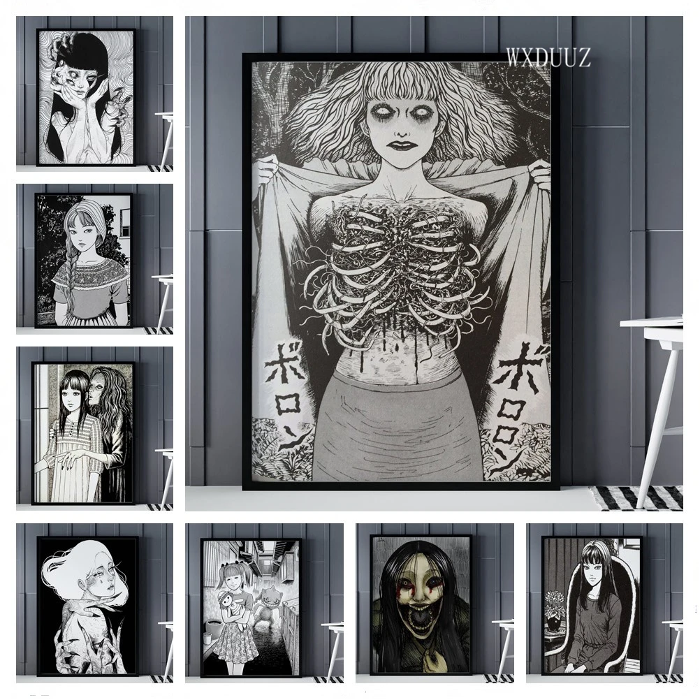 Póster Vintage de Junji Ito de terror, pintura en lienzo de Anime Fear Tomie Manga, carteles de personajes, arte de pared estético, decoración de la habitación