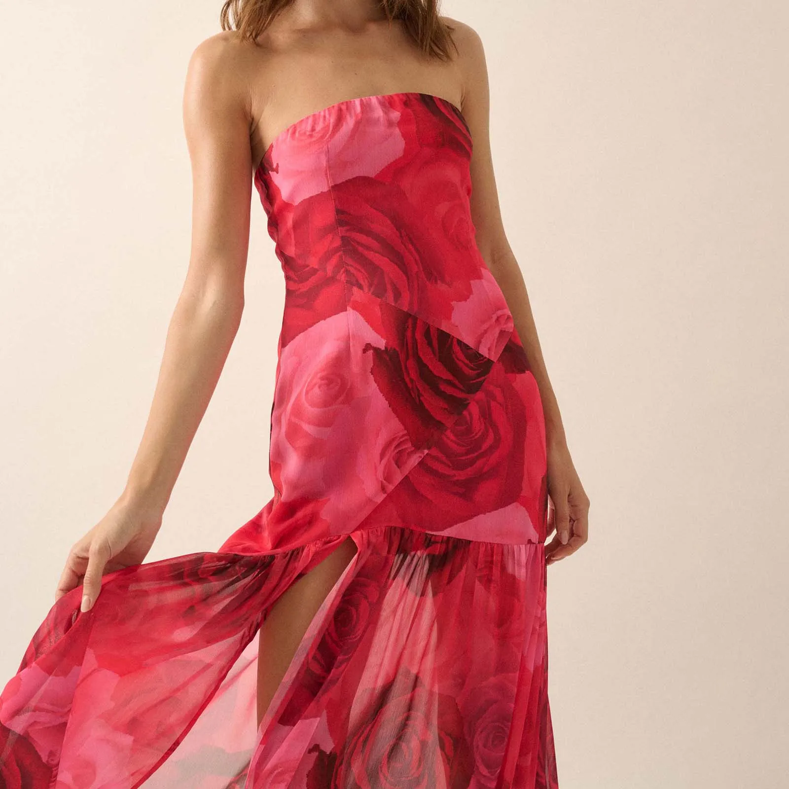 Women Strapless Rose Tube Top Dress Slim High Split Off Shoulder Sleeveless Backless Long Dress for Party Club