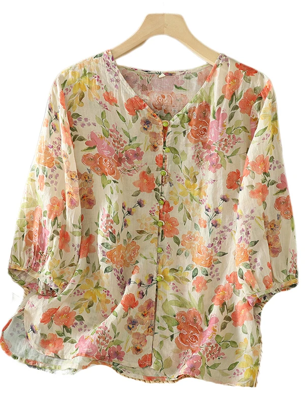 레트로 플로럴 코튼 린넨 5부 소매 여성 여름 패셔너블 루즈 캐주얼 브이넥 코튼 린넨 탑