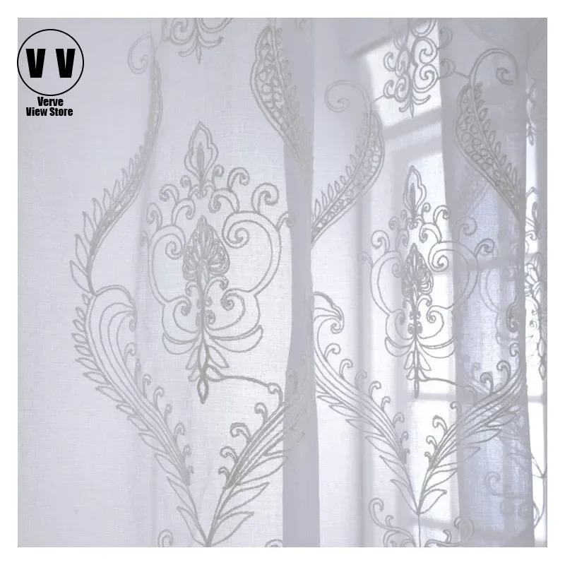 

European Modern Embroidered White Sheer Curtains for Living Room Voile Tulle Fabrics Bedroom Window Treatment Drapes Kitchen