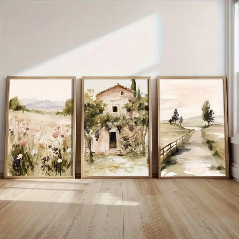 Large-sized frameless 3pcs   Spring Rural Scenery Paintings Rural Paths Rural Farmhouses Wildflowers Grassland Views Canvas P