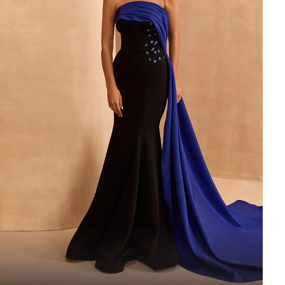 

Customized Mermaid Evening Dresses Floor-length Strapless Sleeveless Prom Gown Fashion Crystal Pleat Backless Draped Party Gown