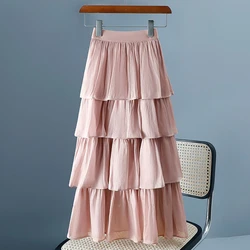 2024 New Spring Summer Women High Waist Slim Long Skirt Korean Fashion Bright Surface Solid Color Layered Cake Skirt