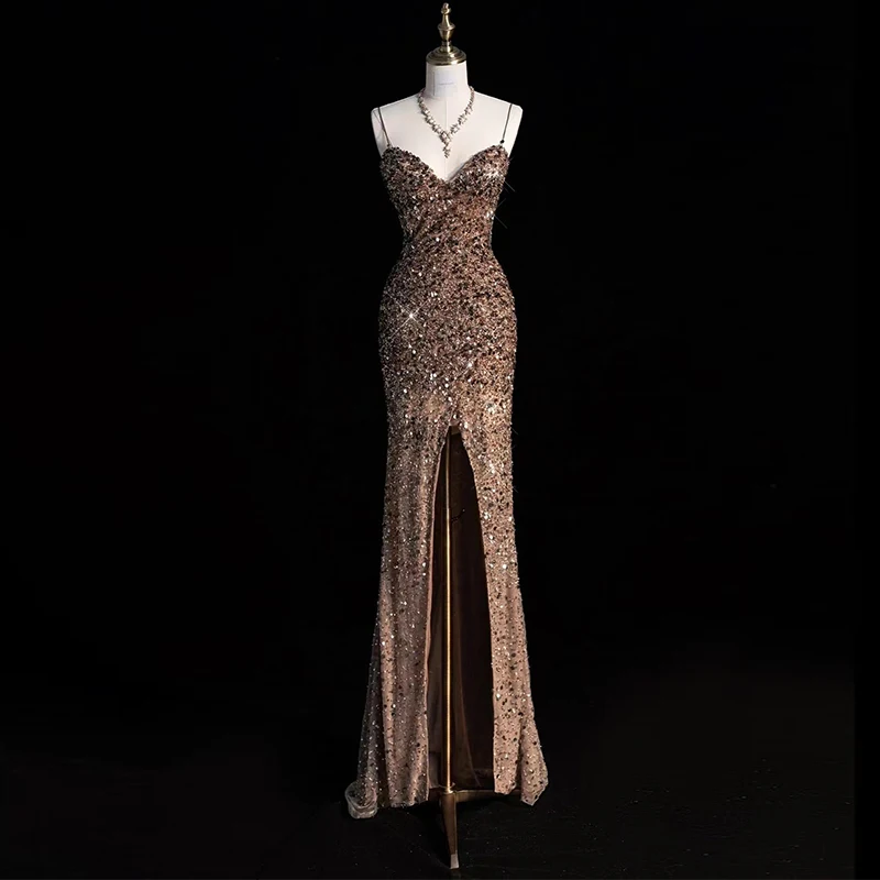 

Sexy Strapl Sparkling Wedding Dr Fi Tail Long Evening Gown for Bride Toasting Super iny Sequins Evening Dr