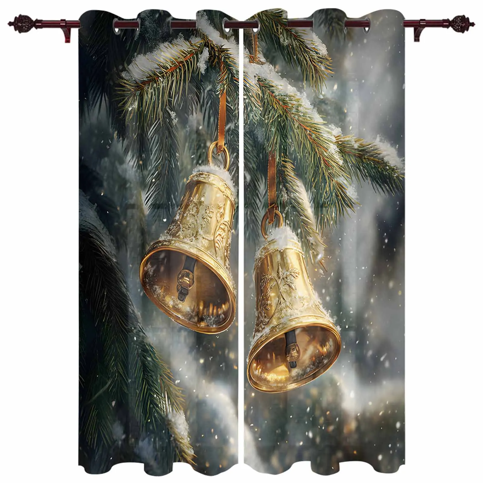 Christmas Pine Tree Bells Windows Curtains Living Room Luxury Decor Christmas Curtains Bedroom Kitchen Window Drapes