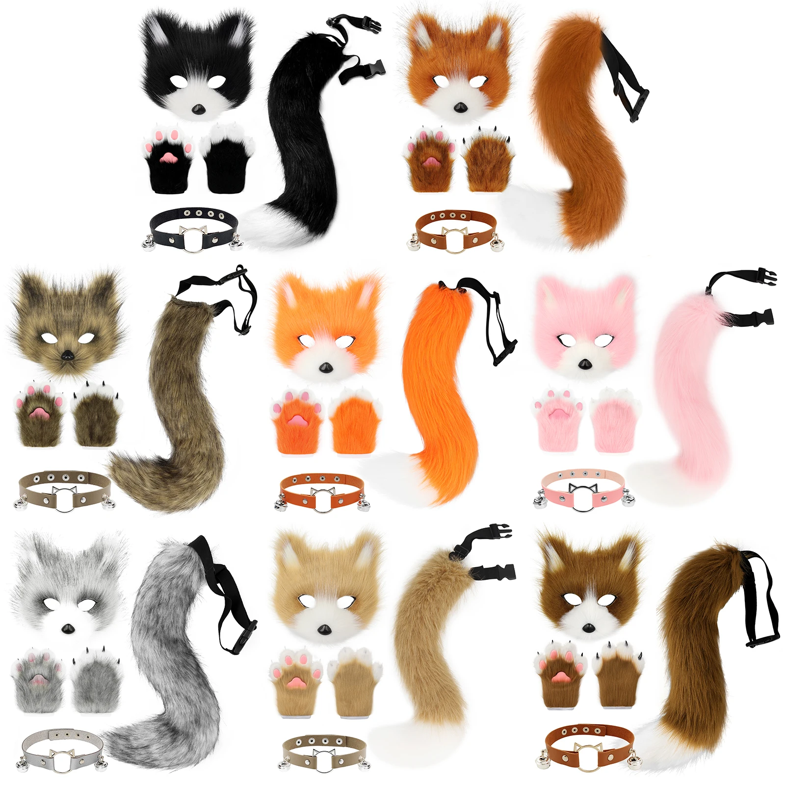 

Plush Faux Fur Cat Fox Masks Furry Animal Paw Gloves Leather Neck Chocker Wolf Tail Set Cosplay Costume Accessories