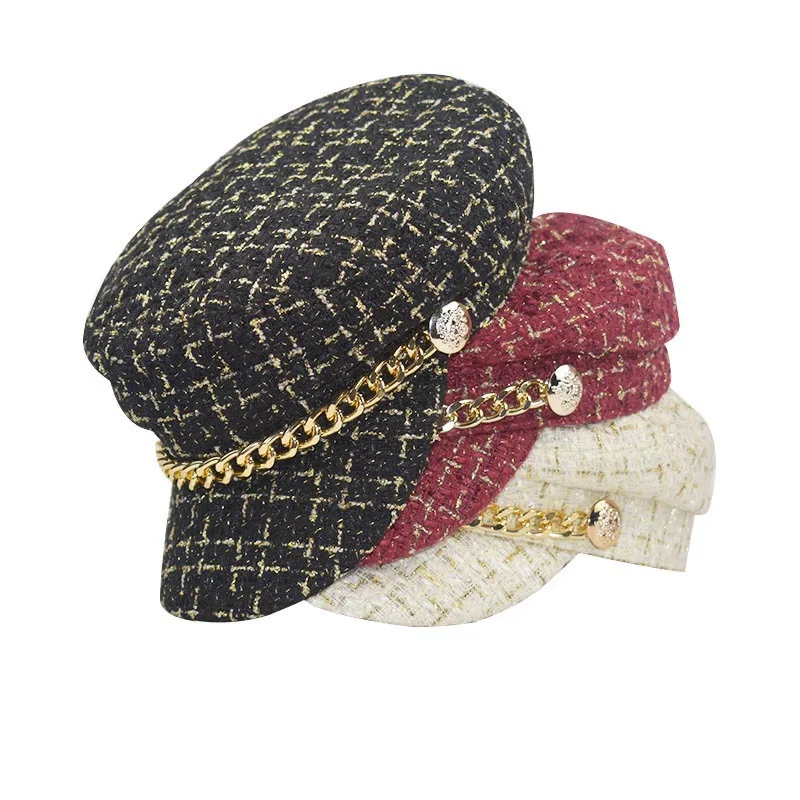 Women Girls Newsboy Hats Baker Boy-Hat Captain Sailor Peaked-Beret Caps Plaid Tweed with Chain