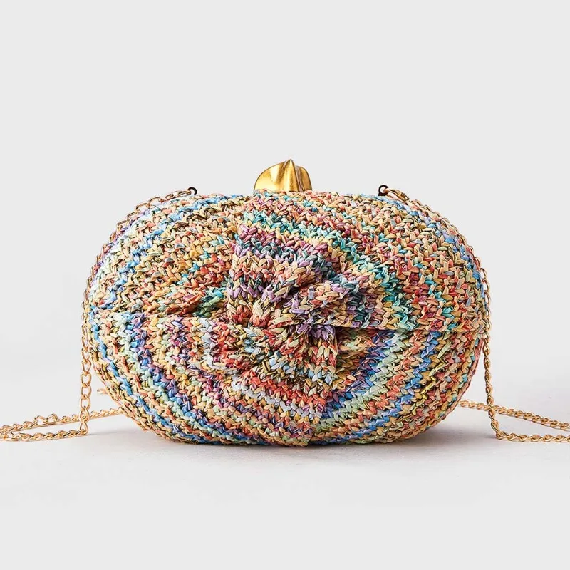 Summer Fashionable Uniquely Shaped Oval Straw Clutch Bag New Simple Rainbow Woven Bag Boho Wedding Beach Bag for Evening Party