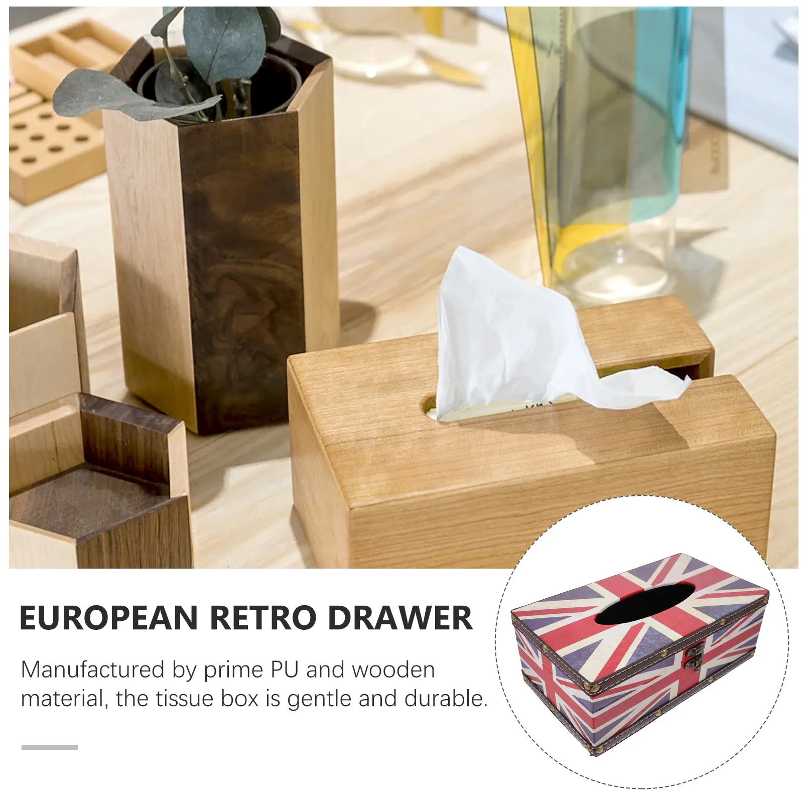 

1Pcs Tissue Box PU Wooden Material Delicate Printed Design Lightweight Napkin Holder Home Office Car Tissue Storage Box Desktop