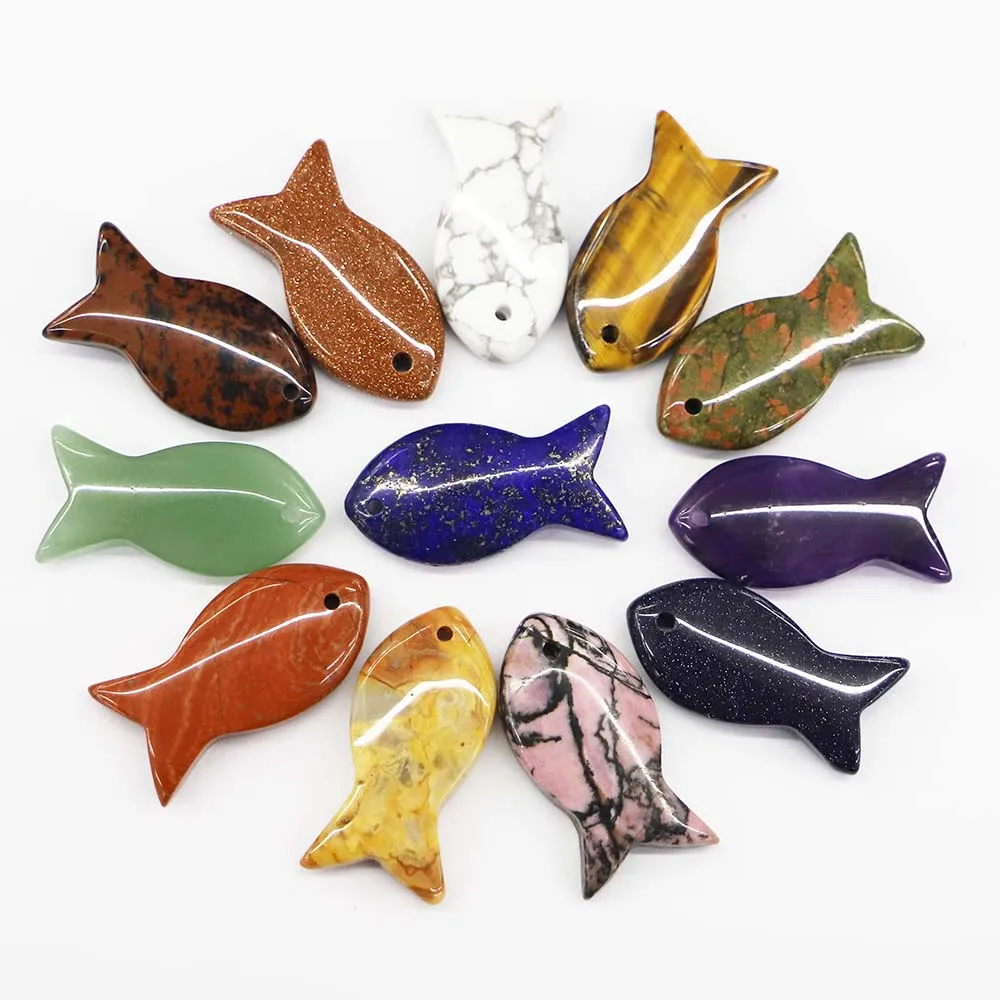 Novelty Natural Stone Carved Fish Crystal Agate Necklace Pendant Fashion Charm Jewelry Accessories Wholesale 10Pcs Free Shipping
