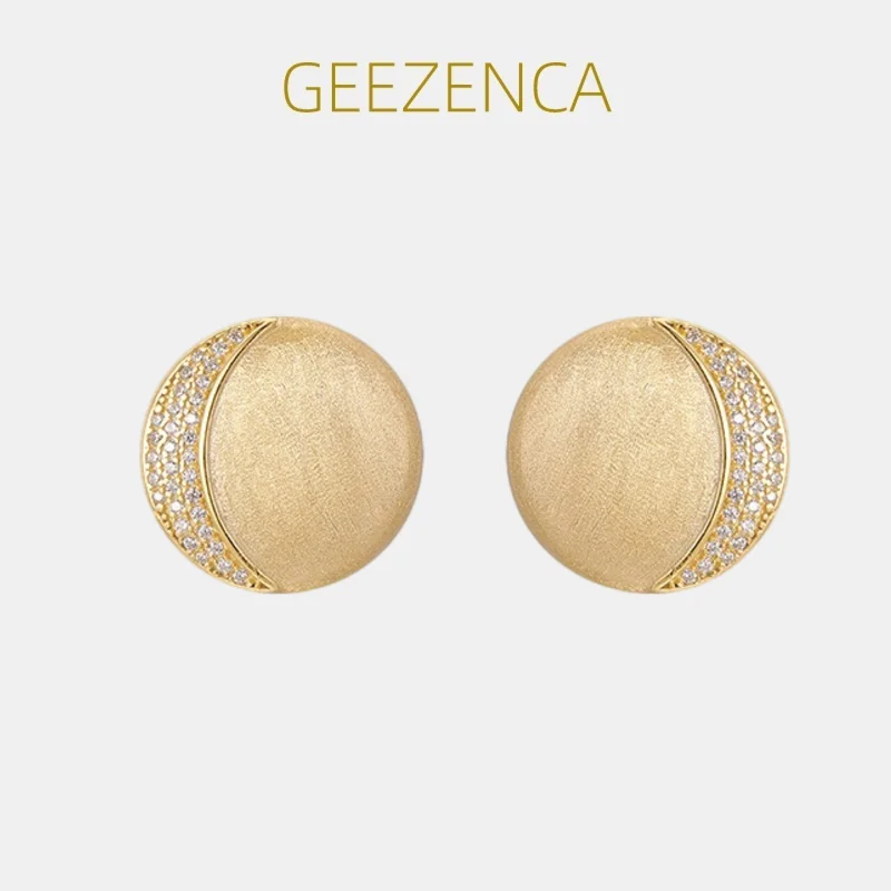 GEEZENCA Minimalistic Luxury 925 Silver 5A Zircon Round Earrings For Women 18K Gold Italian Brushed Craft Earring 2024 New Gift