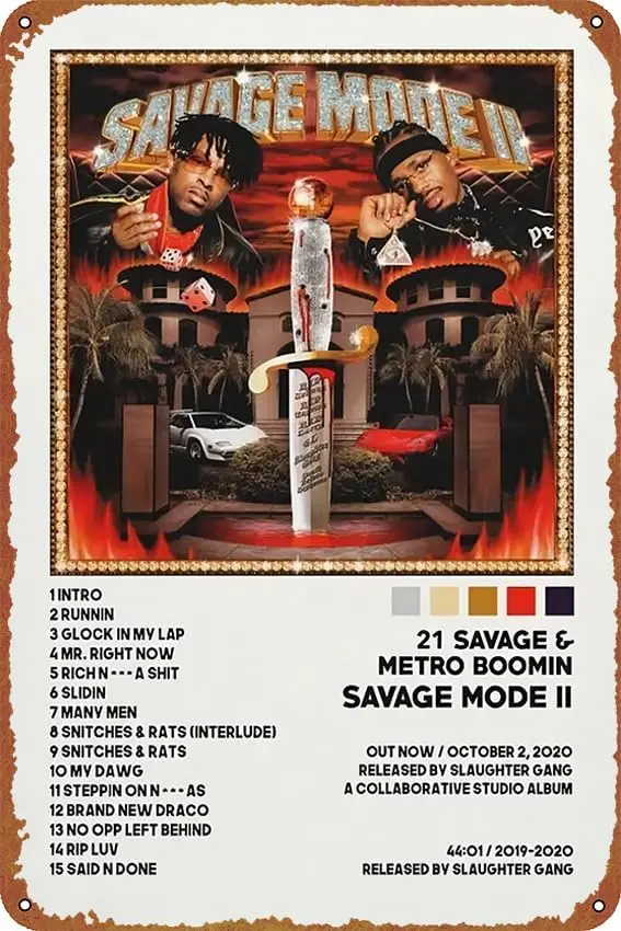 21 Savage Poster Savage Mode II Album Cover Posters Metal Sign for Cafe Bar Pub Office Garage Home Wall Decor Gift Vintage  sign